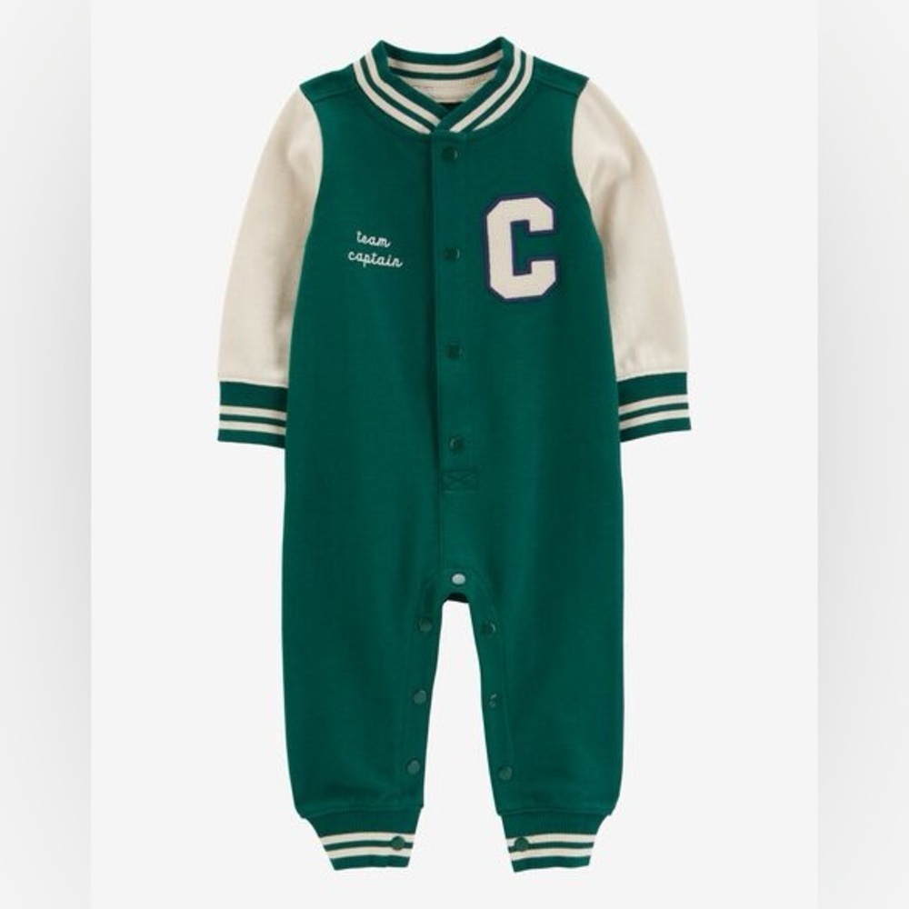 NWT Carter's Green and White Baby Varsity Button-Down Jumpsuit